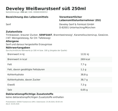 Produktinformationen – Develey Weißwurstsenf süß 250ml