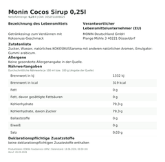 Monin Cocos Sirup 0,25l – Lebensmittelangaben
