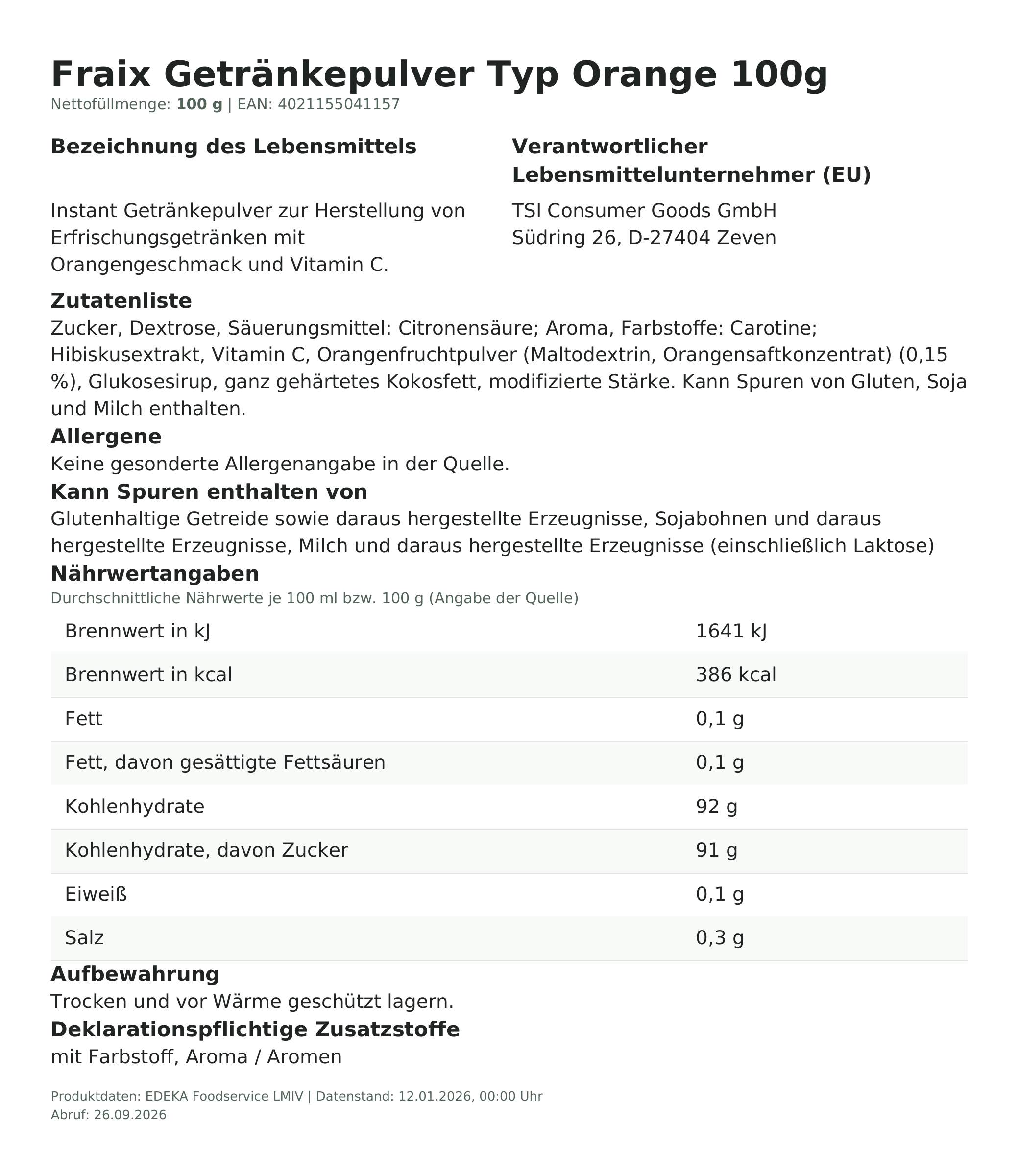 Produktinformationen – Fraix Getränkepulver Typ Orange 100g