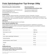 Produktinformationen – Fraix Getränkepulver Typ Orange 100g