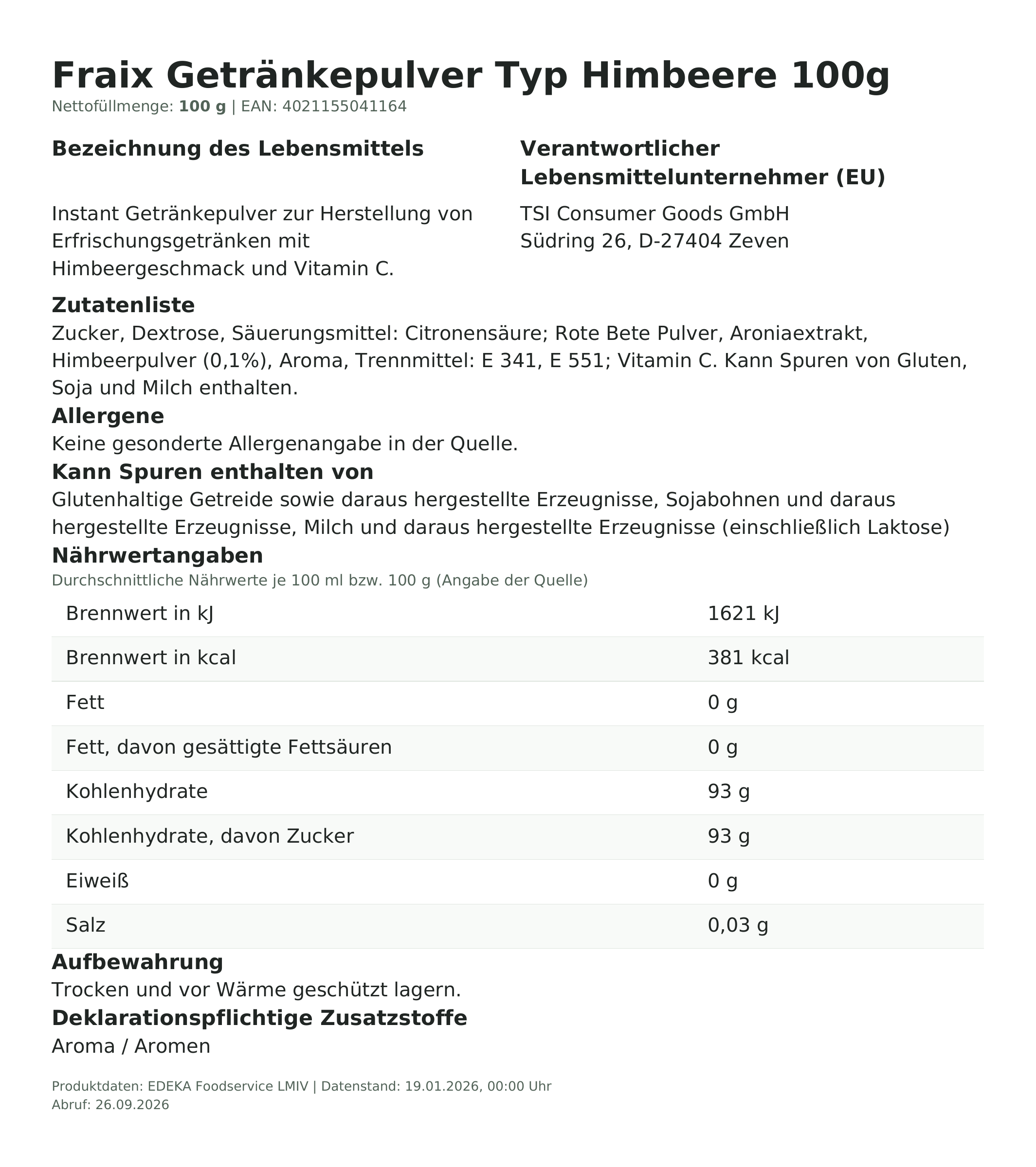 Fraix Getränkepulver Typ Himbeere 100g – Lebensmittelangaben