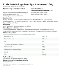 Fraix Getränkepulver Typ Himbeere 100g – Lebensmittelangaben