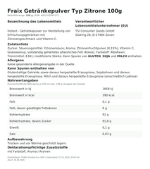Produktinformationen – Fraix Getränkepulver Typ Zitrone 100g