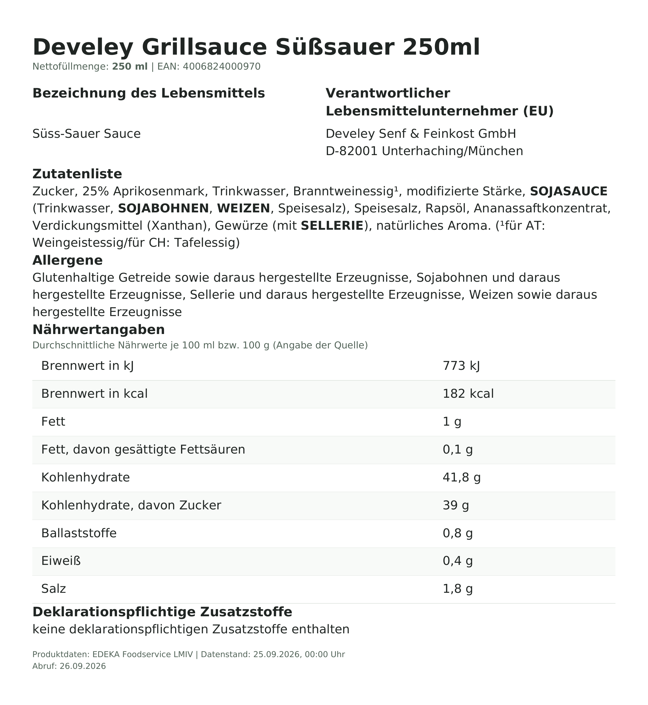 Produktinformationen – Develey Grillsauce Süßsauer 250ml