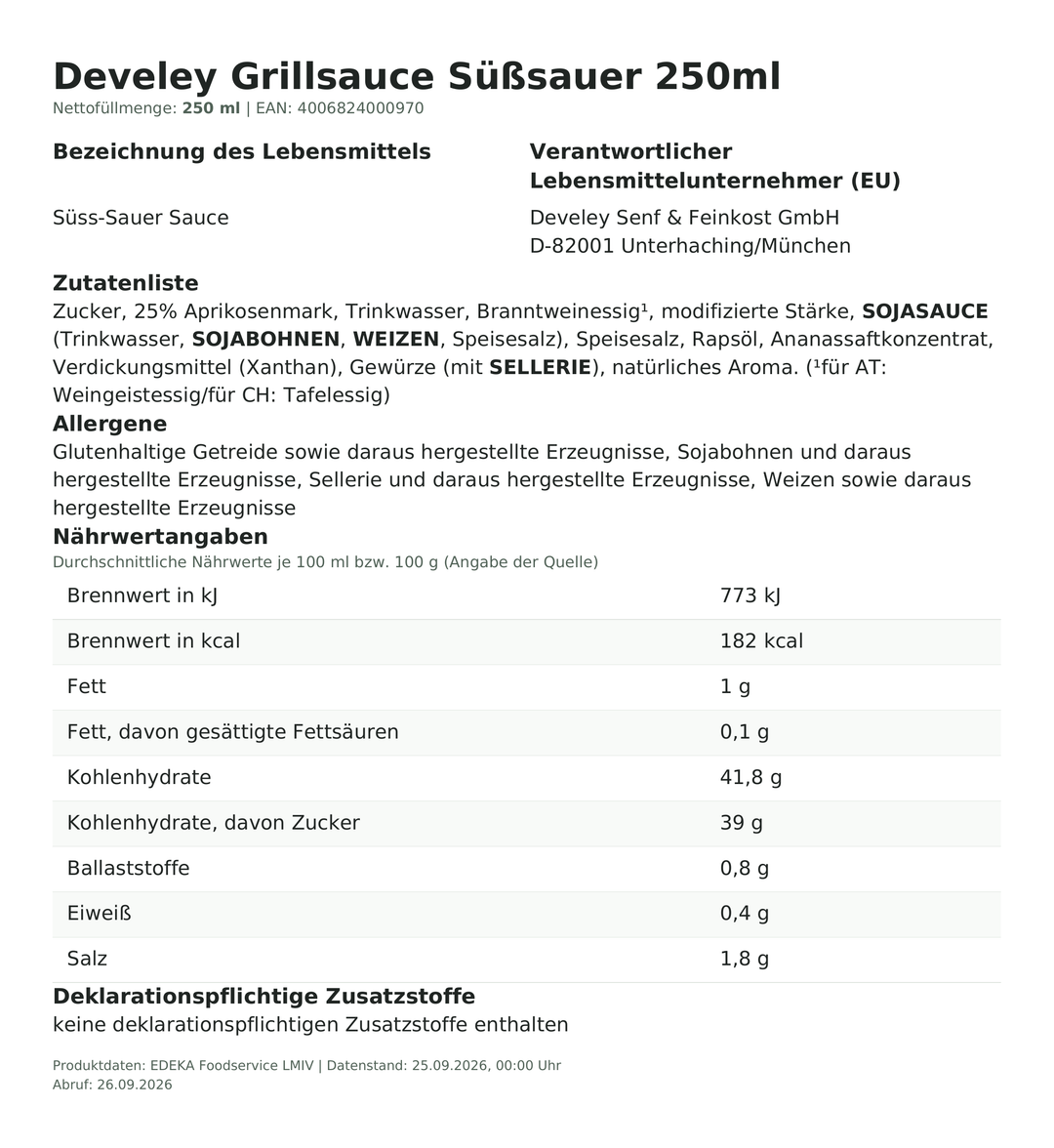 Produktinformationen und Nährwerte – Develey Grillsauce Süßsauer 250ml