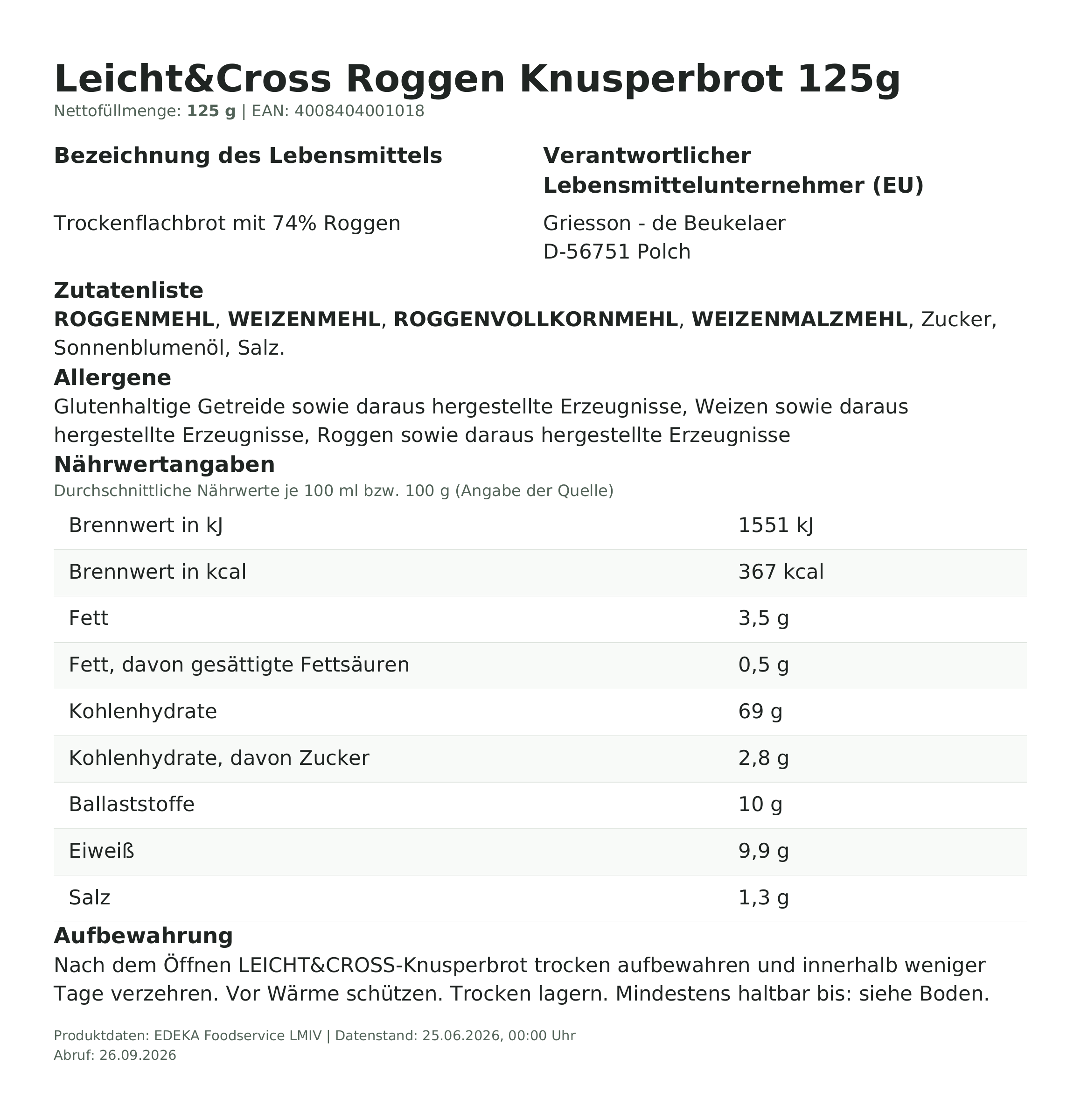 Lebensmittelinformationen: Leicht&Cross Knusperbrot Roggen 125g