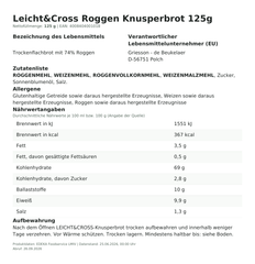 Lebensmittelinformationen: Leicht&Cross Knusperbrot Roggen 125g