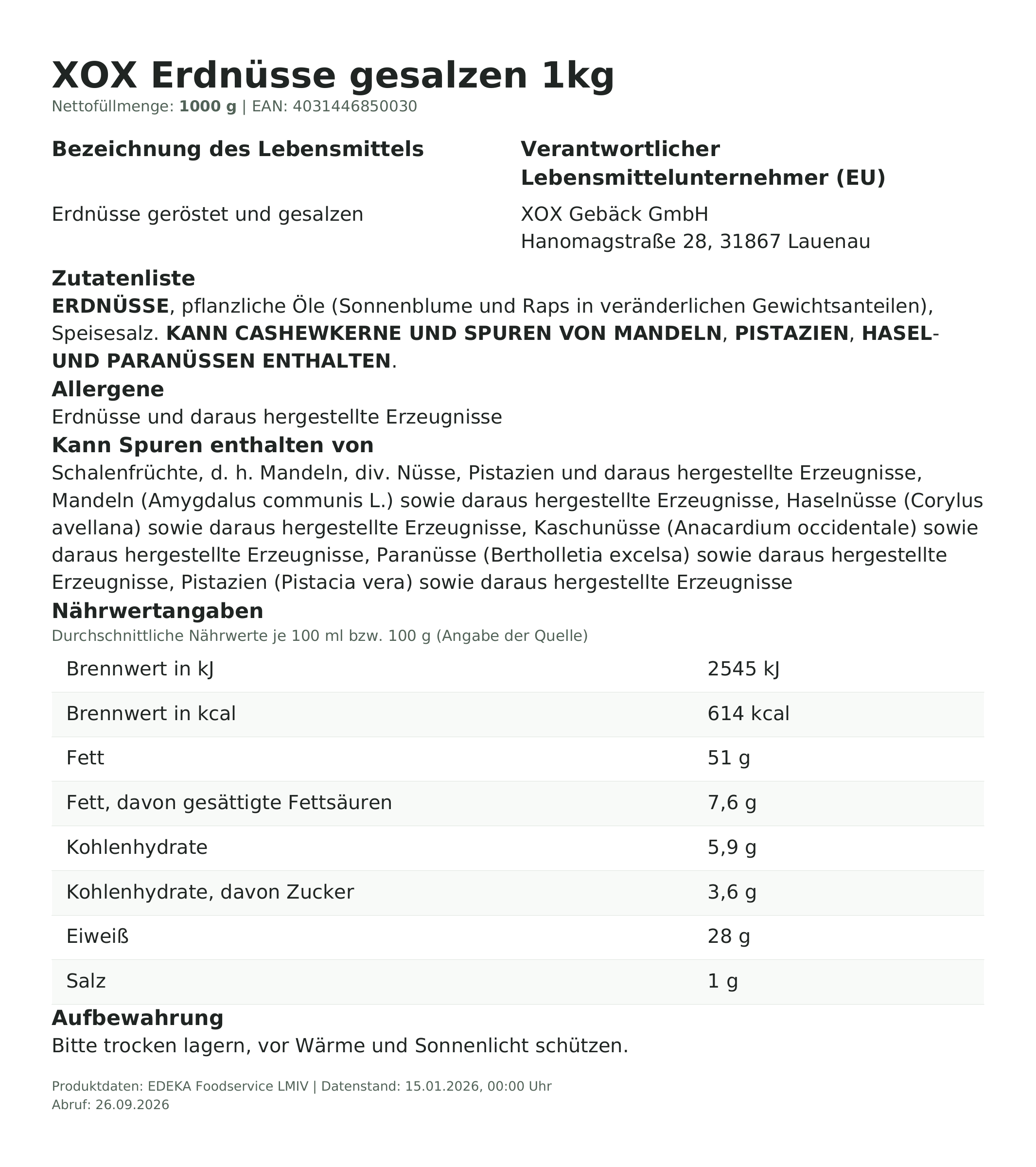 Lebensmittelinformationen: XOX Erdnüsse gesalzen 1000g
