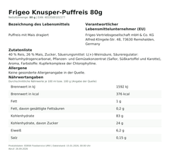 Lebensmittelinformationen: Frigeo Maxi-Puffreis 80g