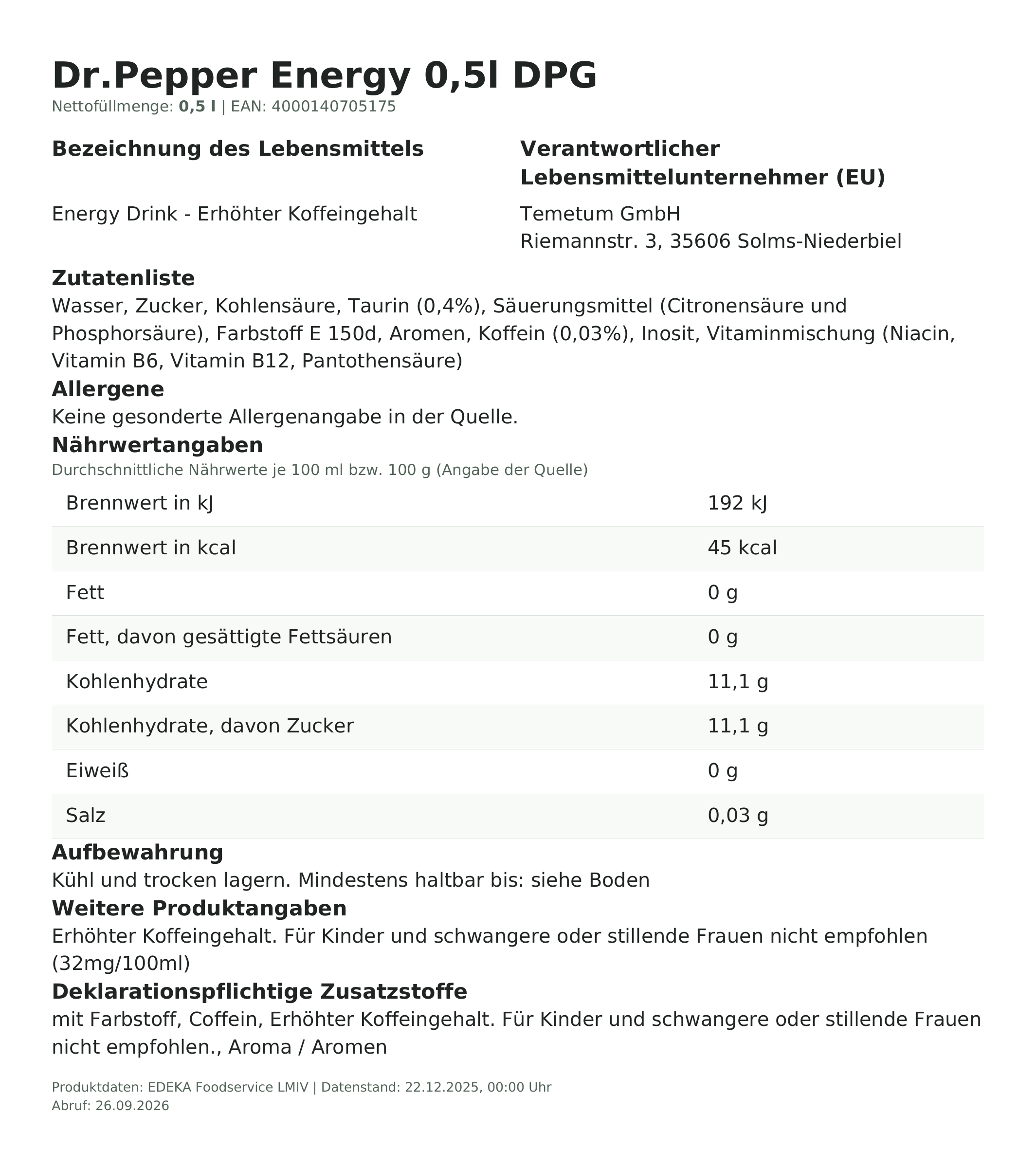 Produktinformationen – Dr.Pepper Energy 0,5l DPG
