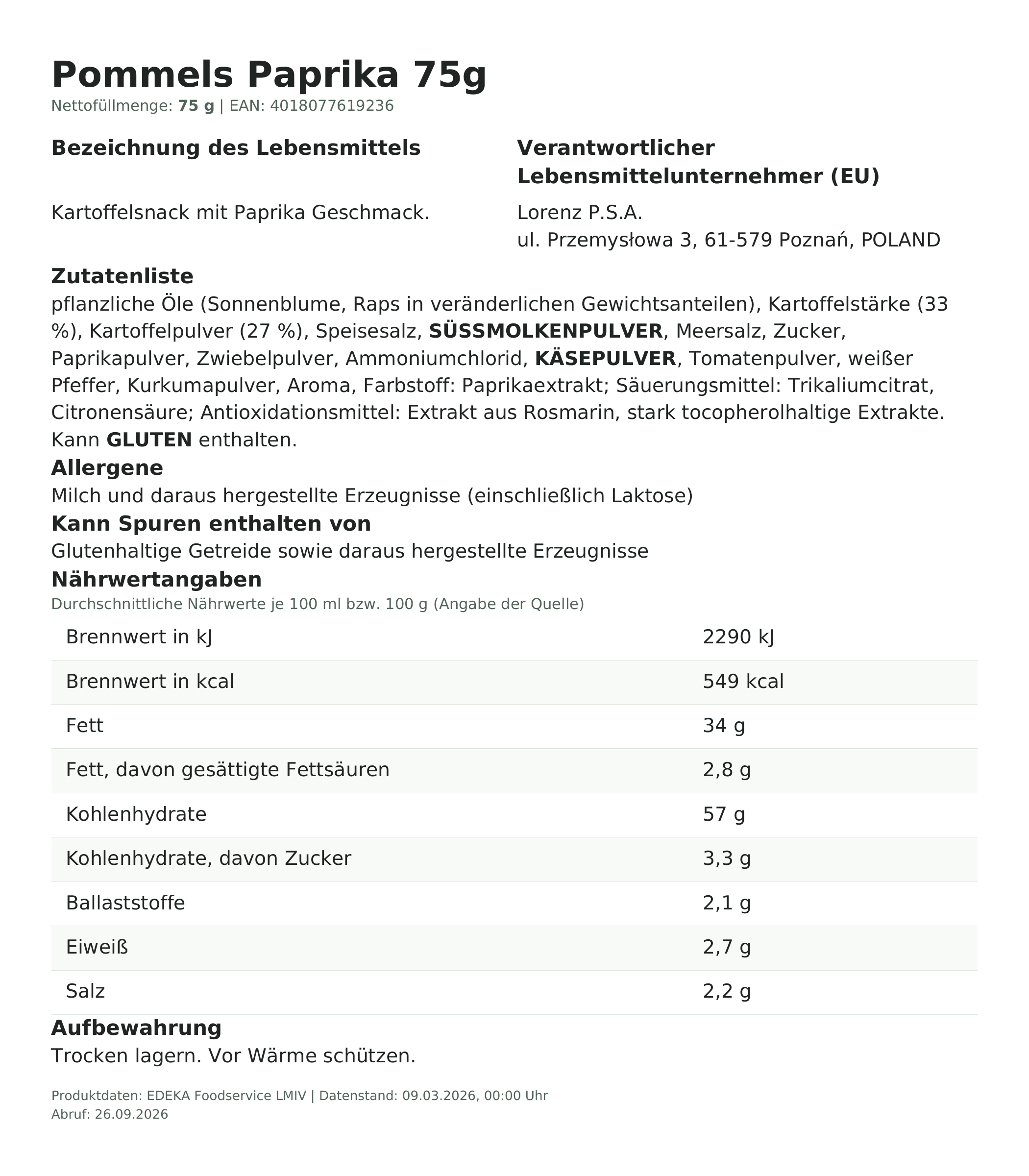 Lebensmittelinformationen: Lorenz Pommels Snack Paprika 75g