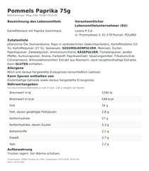 Lebensmittelinformationen: Lorenz Pommels Snack Paprika 75g