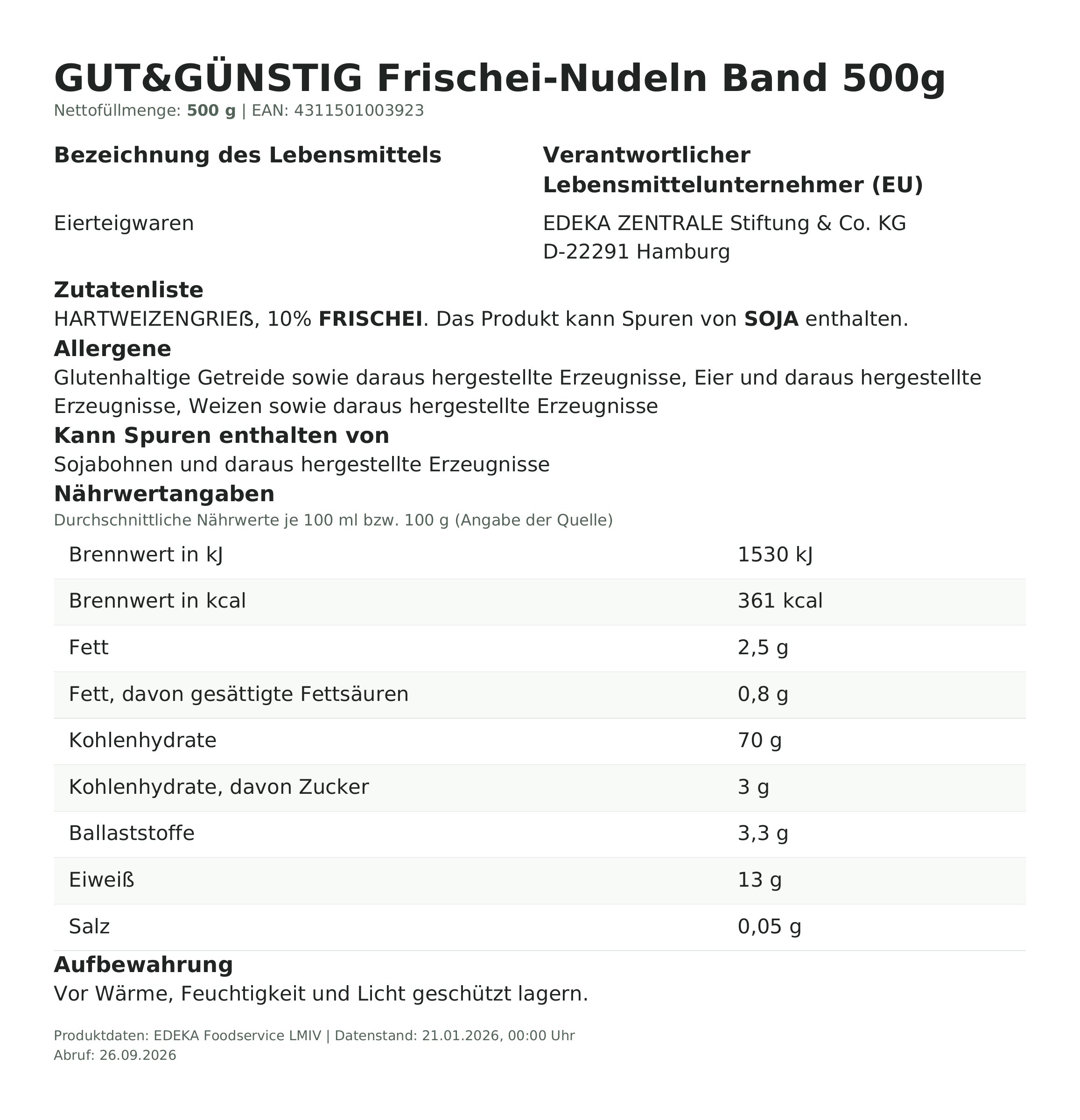 Lebensmittelinformationen: G&G Bandnudeln 500g