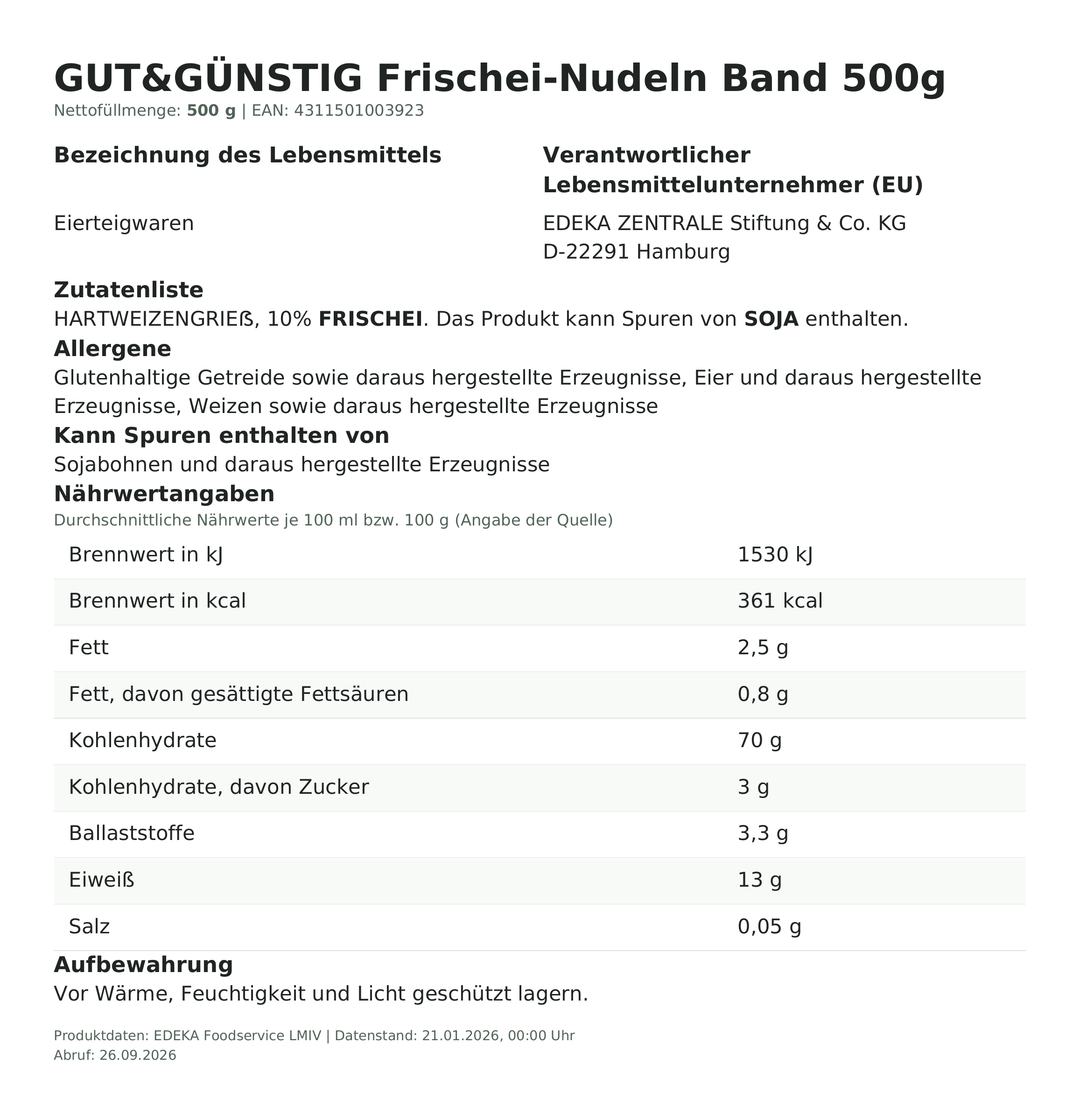 Produktinformationen zum Einzelprodukt – Gut&Günstig Frischei-Nudeln Band 500g