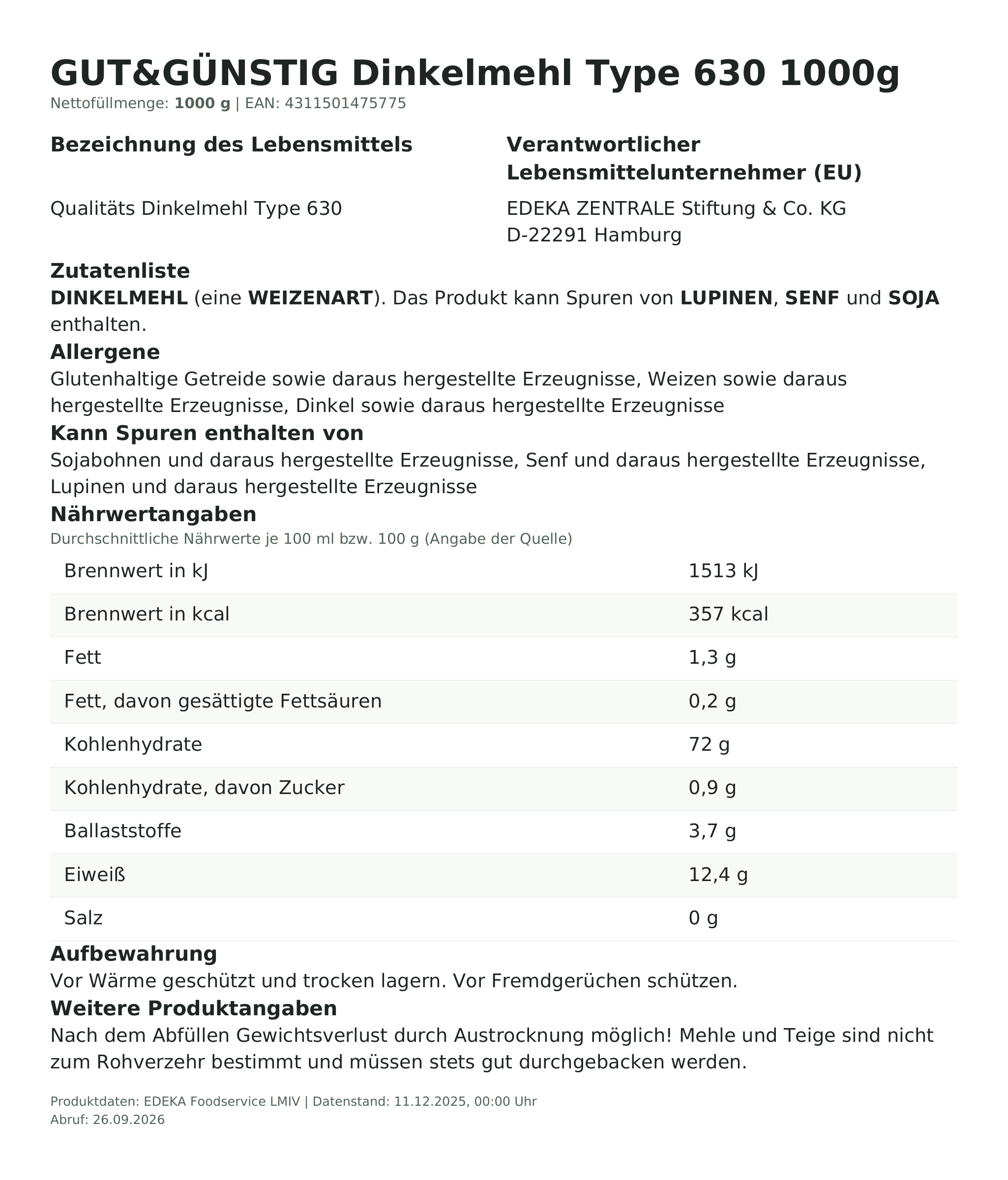 Lebensmittelinformationen: G&G Dinkelmehl Type 630 1000g