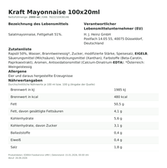 Kraft Mayonnaise 100x20ml – Lebensmittelangaben