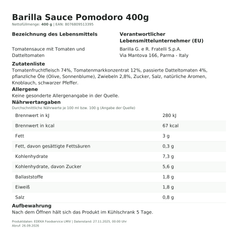 Produktinformationen – Barilla Sauce Pomodoro 400g