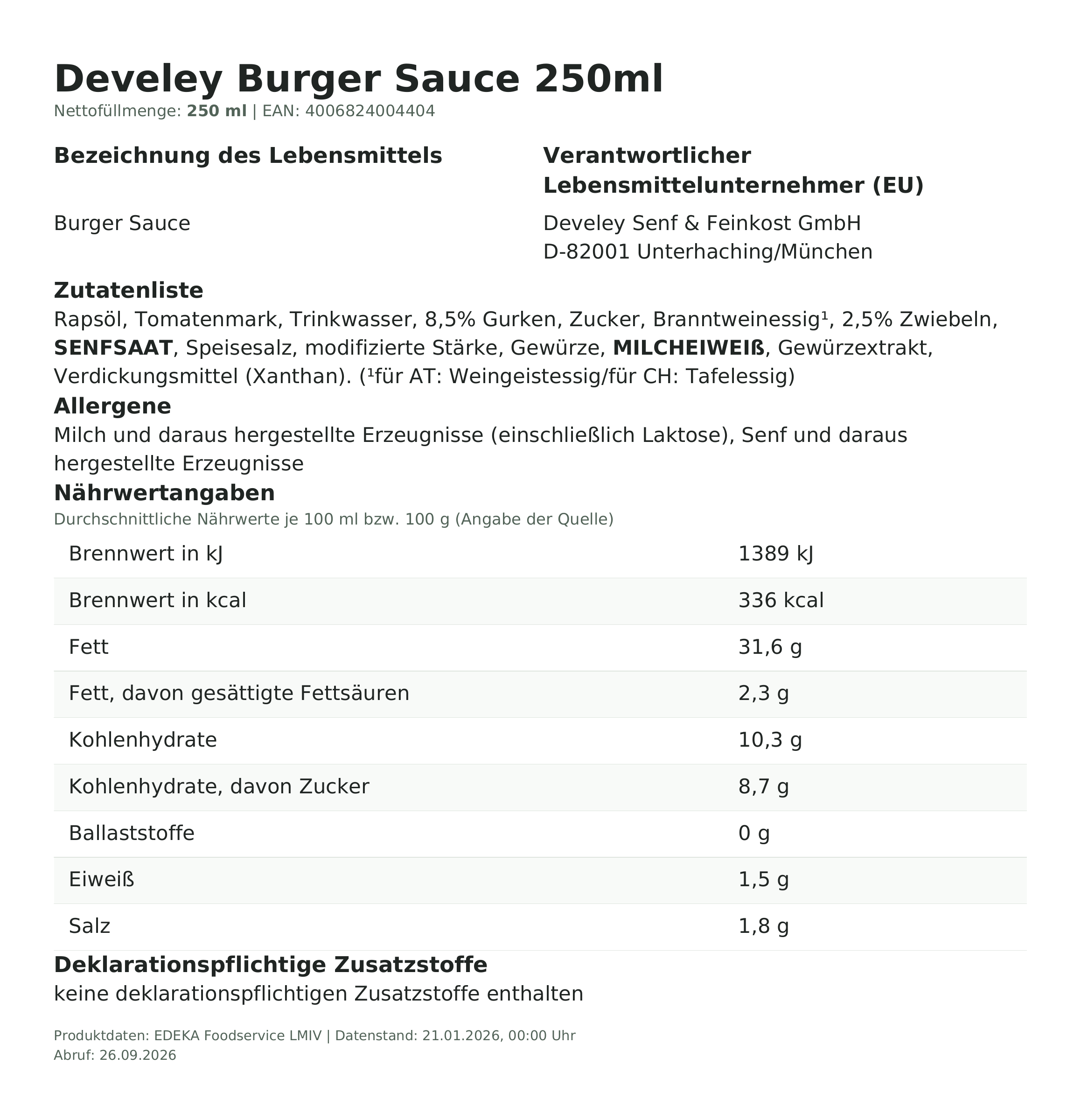 Produktinformationen – Develey Burger Sauce 250ml
