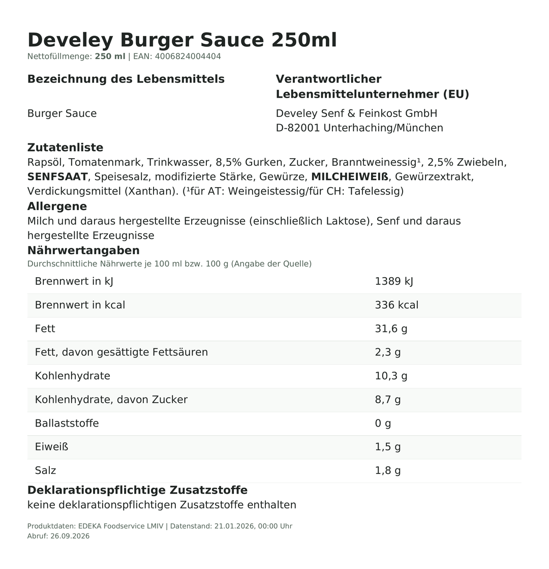 Produktinformationen und Nährwerte – Develey Burger Sauce 250ml