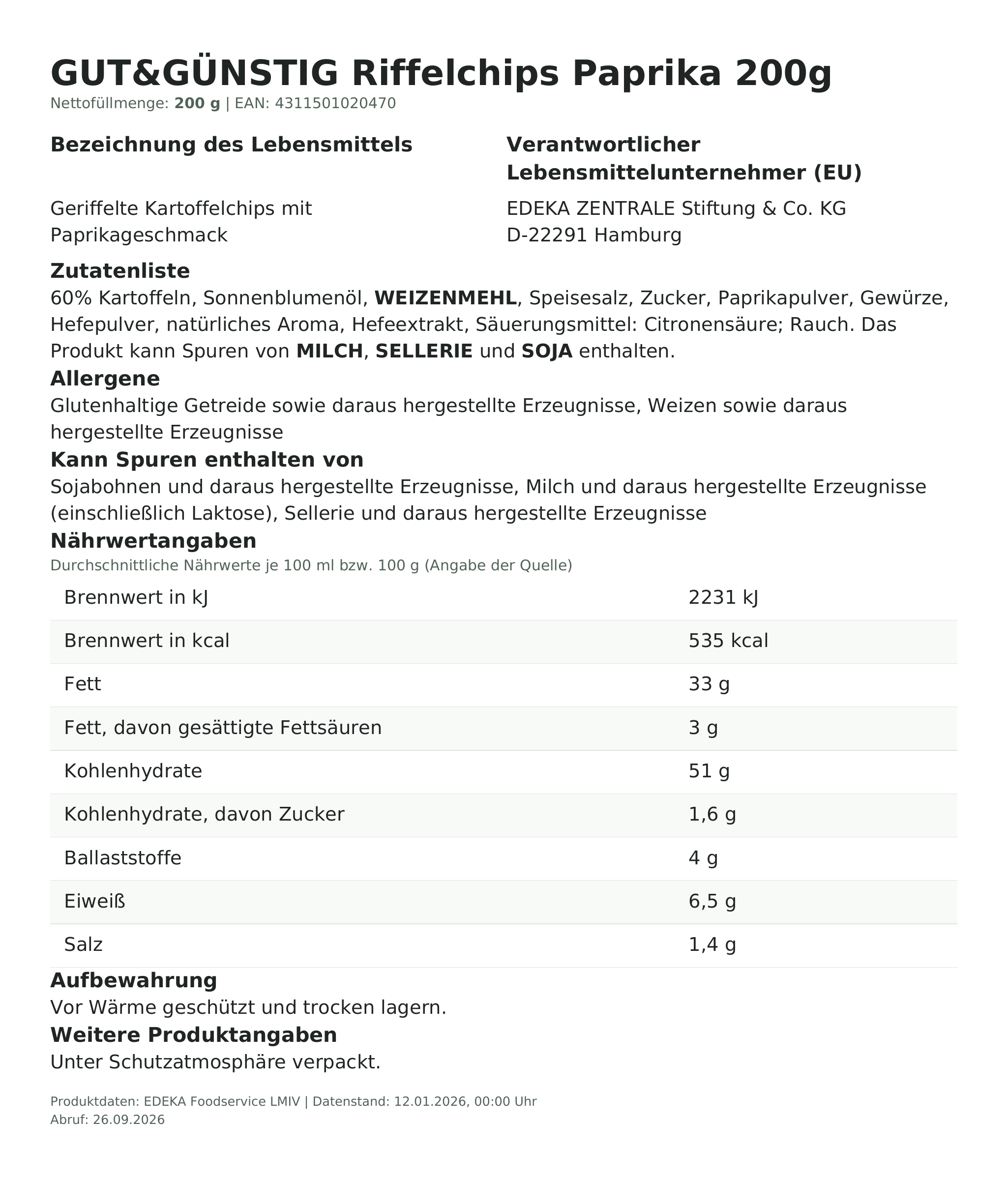 Lebensmittelinformationen: G&G Riffelchips Paprika 200g