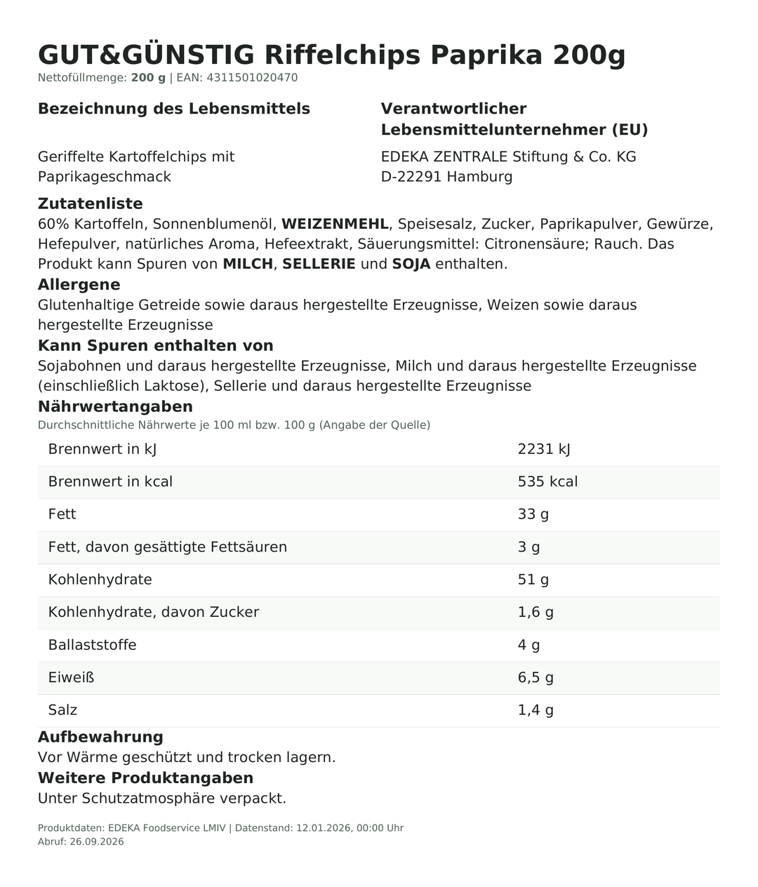 Produktinformationen zum Einzelprodukt – Gut&Günstig Riffelchips Paprika 200g
