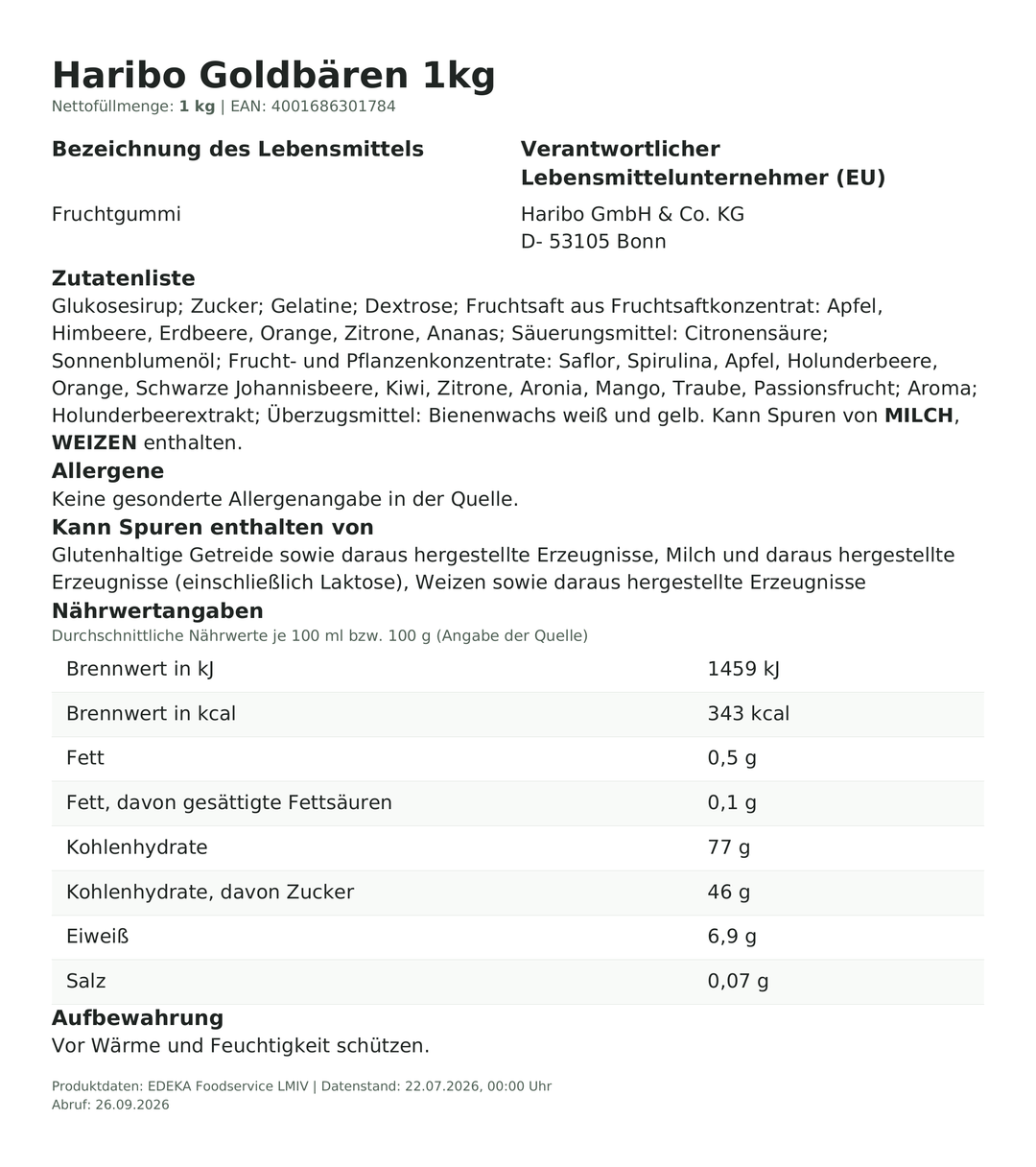 Produktinformationen zum Einzelprodukt – Haribo Goldbären 1kg