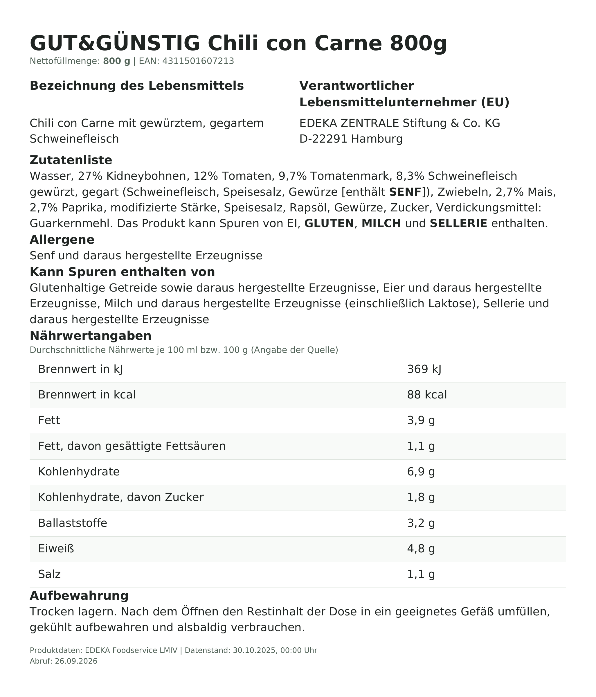 Chili con Carne 800g – Lebensmittelangaben