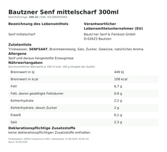 Bautzner Senf mittelscharf 300ml – Lebensmittelangaben