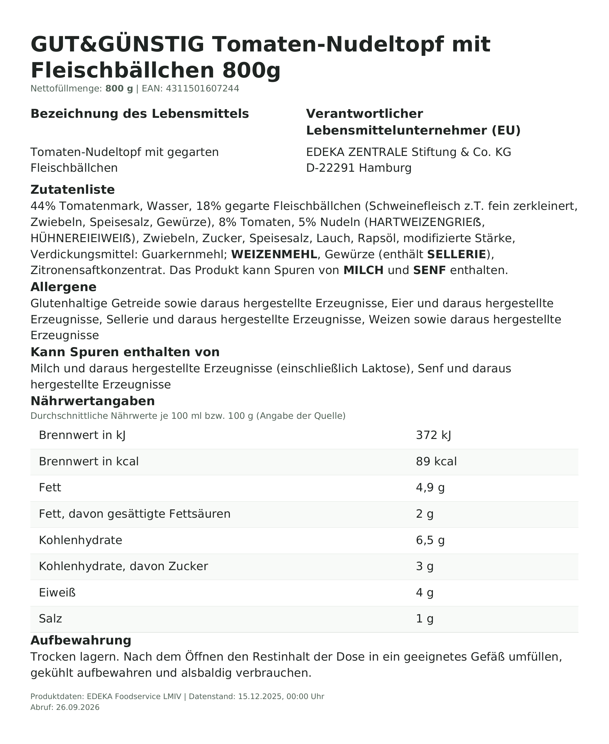 Tomaten-Nudeltopf mit Fleischbällchen 800g – Lebensmittelangaben