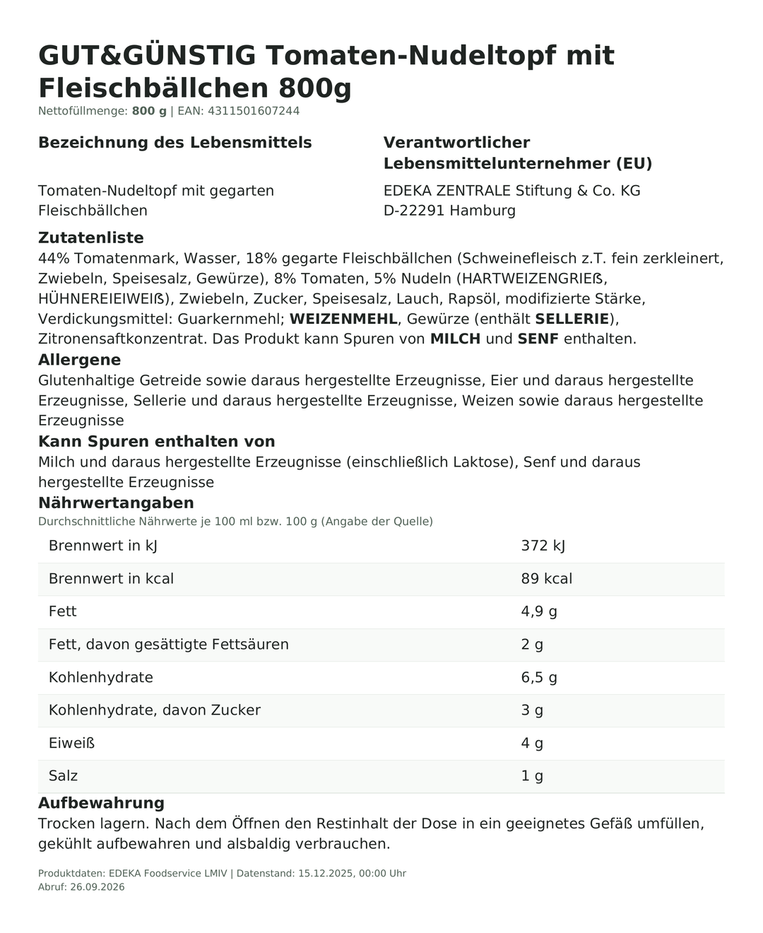 Produktinformationen zum Einzelprodukt – Gut&Günstig Tomaten-Nudeltopf mit Fleischbällchen 800g