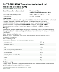 Tomaten-Nudeltopf mit Fleischbällchen 800g – Lebensmittelangaben