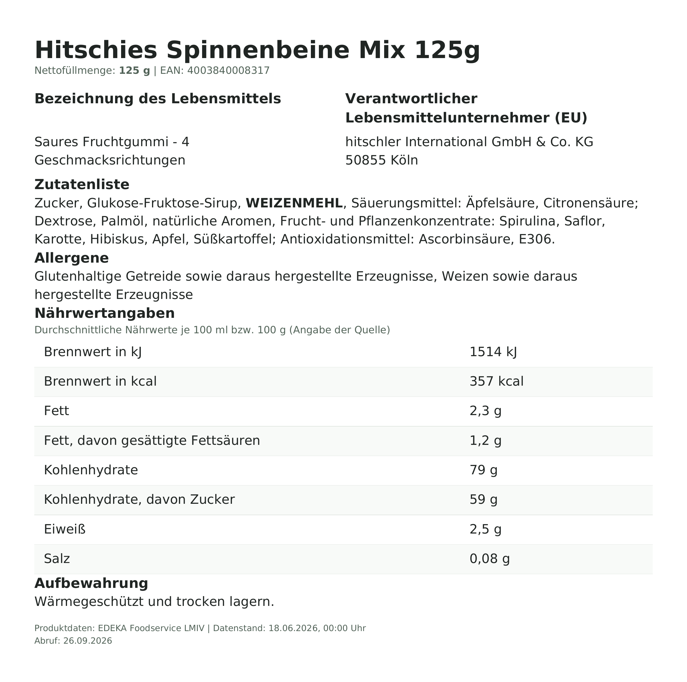 Lebensmittelinformationen: hitschies Spinnenbeine Mix 125g