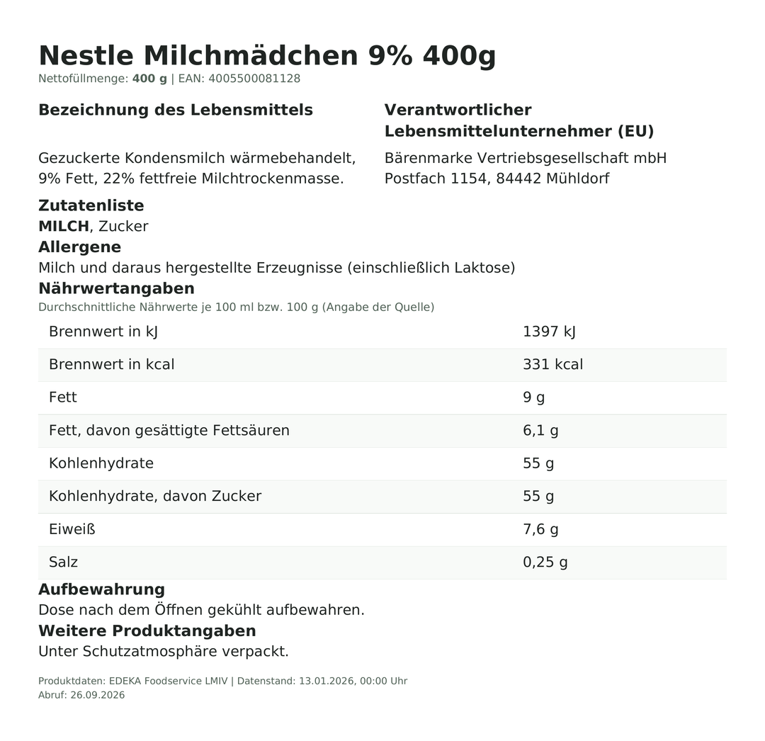 Produktinformationen zum Einzelprodukt – Nestle Milchmädchen 9% 400g