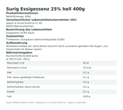 Produktinformationen – Surig Essigessenz 25% hell 400g