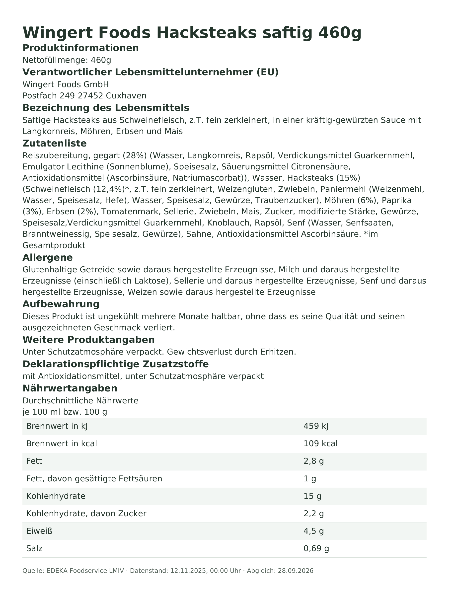 Produktinformationen – Wingert Foods Hacksteaks saftig 460g