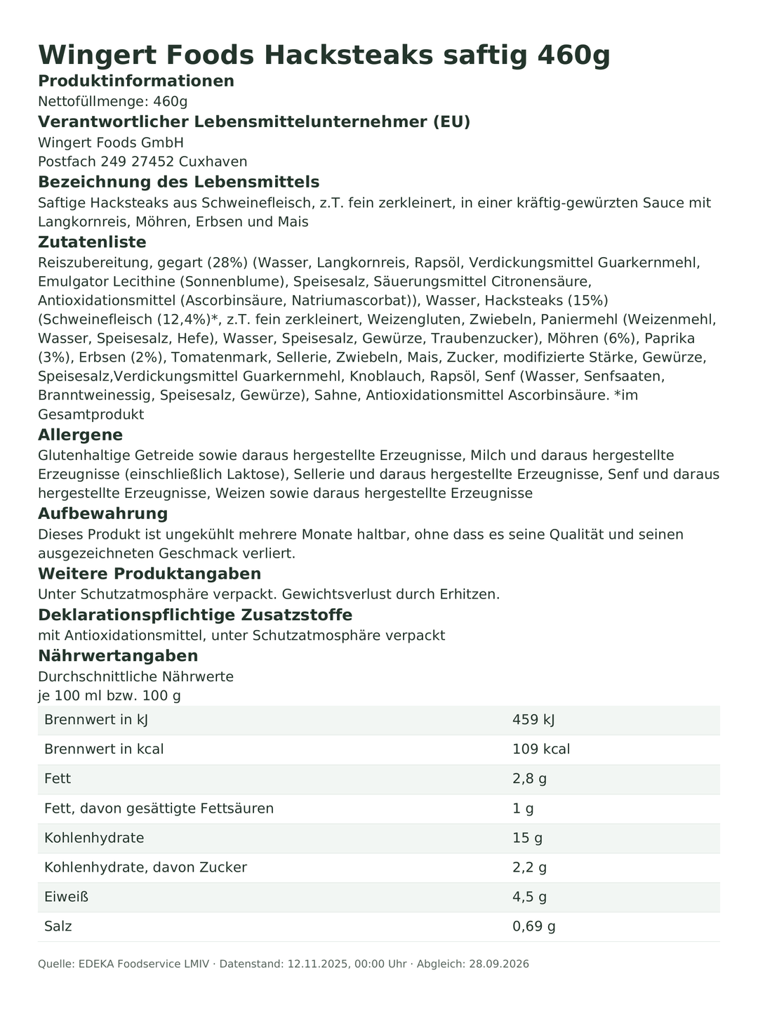 Produktinformationen zum Einzelprodukt – Wingert Foods Hacksteaks saftig 460g