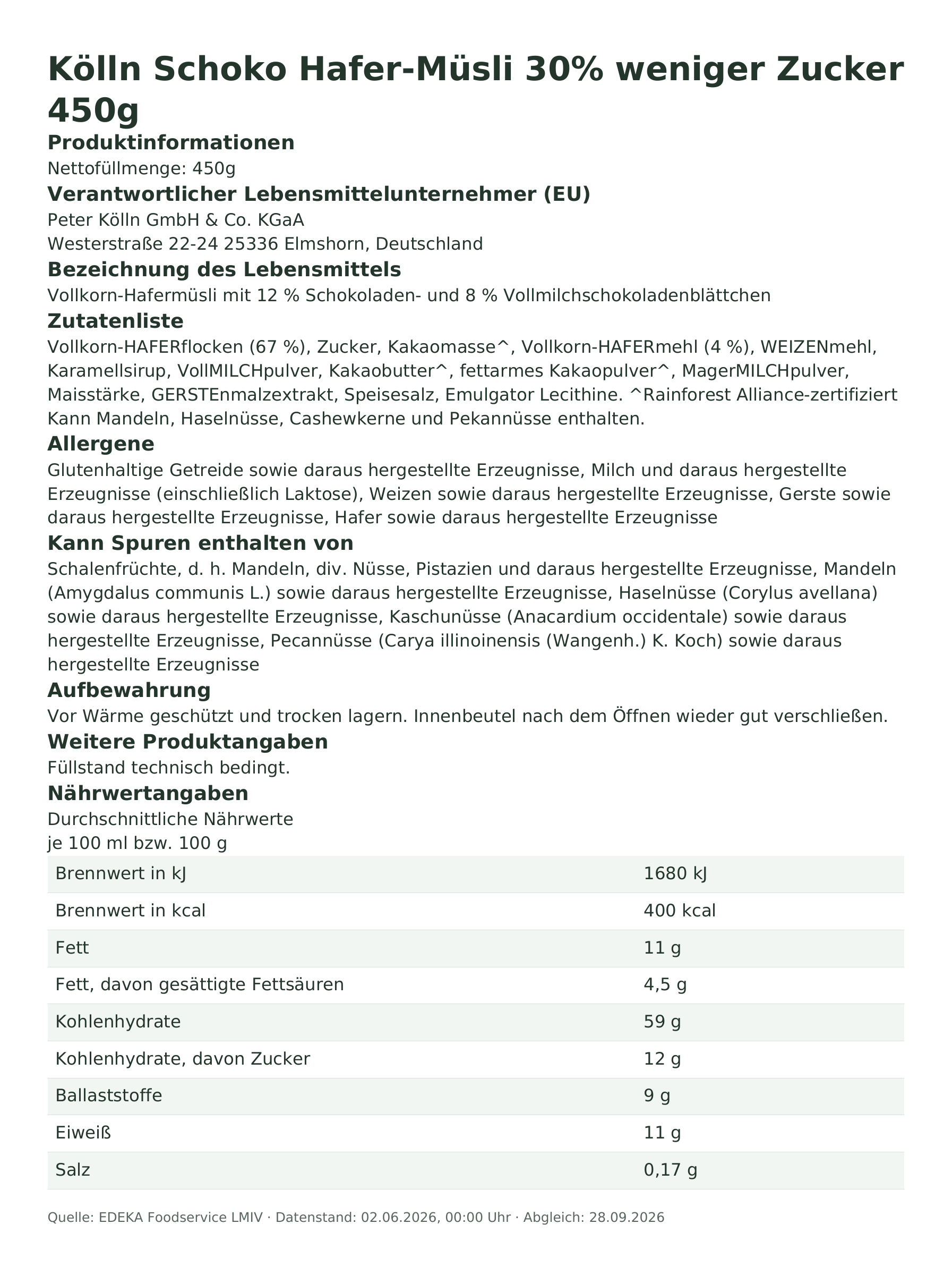 Produktinformationen zum Einzelprodukt – Kölln Schoko Hafer-Müsli 30% weniger Zucker 450g