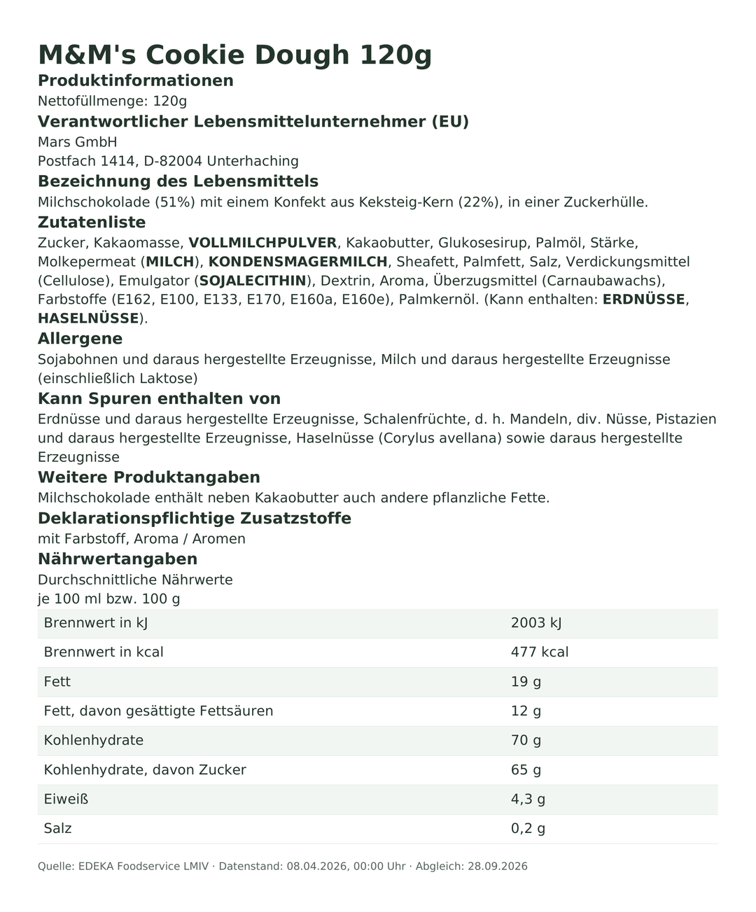 Produktinformationen zum Einzelprodukt – M&M's Cookie Dough 120g