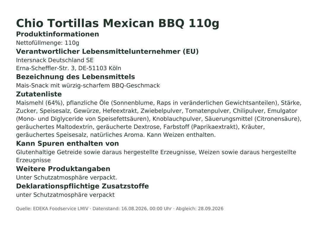 Produktinformationen – Chio Tortillas Mexican BBQ 110g