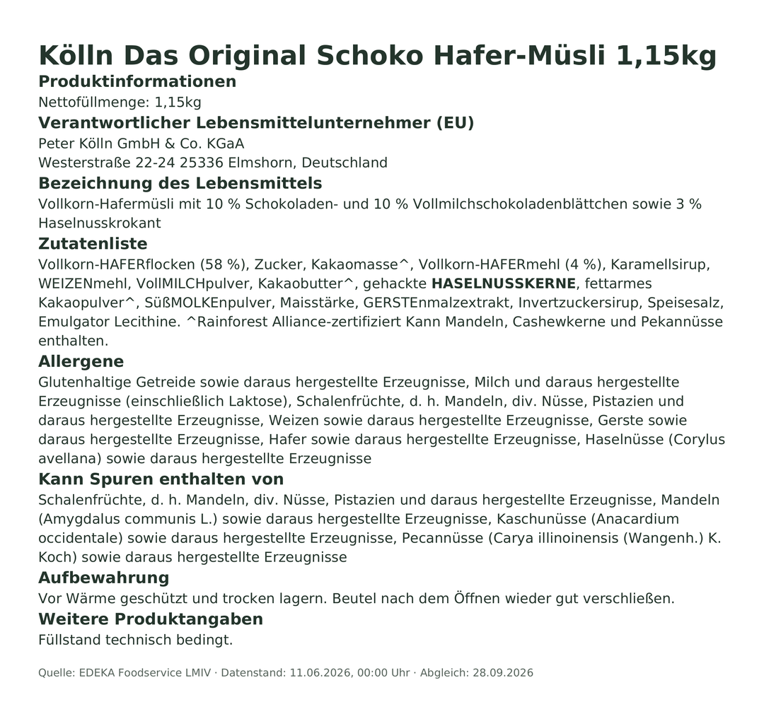 Produktinformationen – Kölln Das Original Schoko Hafer-Müsli 1,15kg