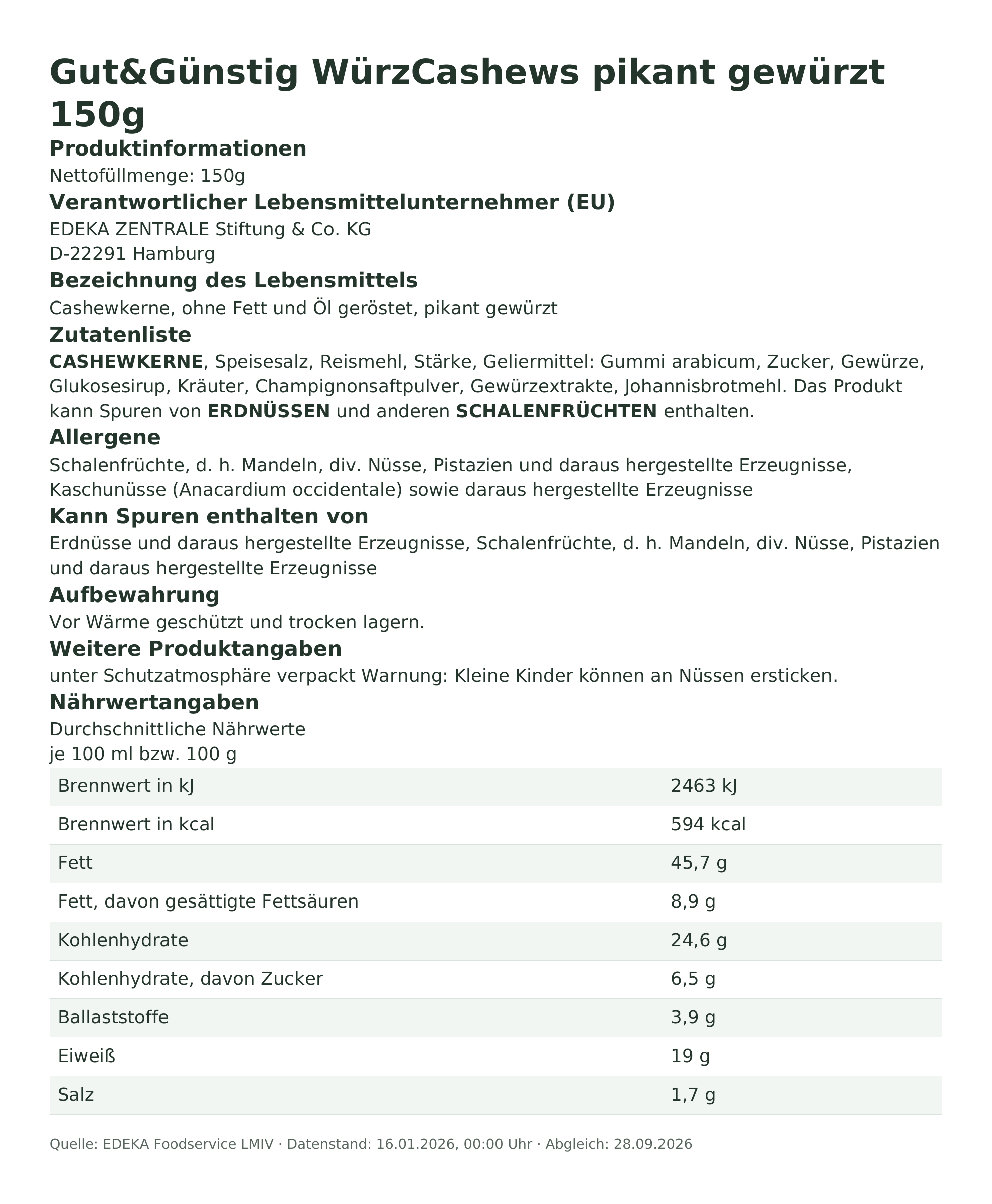 Produktinformationen – Gut&Günstig WürzCashews pikant gewürzt 150g