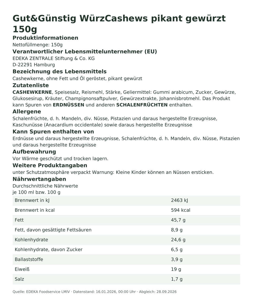 Produktinformationen zum Einzelprodukt – Gut&Günstig WürzCashews pikant gewürzt 150g