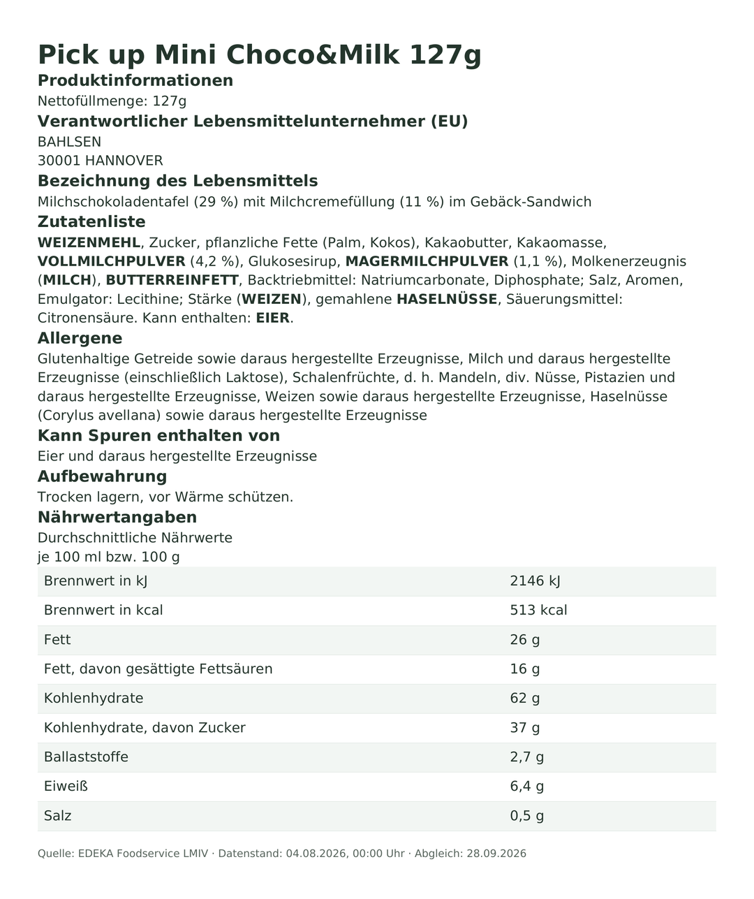 Produktinformationen zum Einzelprodukt – Pick up Mini Choco&Milk 127g