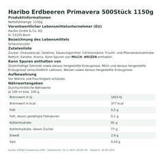 Produktinformationen – Haribo Erdbeeren Primavera 500Stück 1150g
