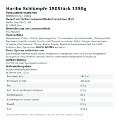 Produktinformationen – Haribo Schlümpfe 150Stück 1350g