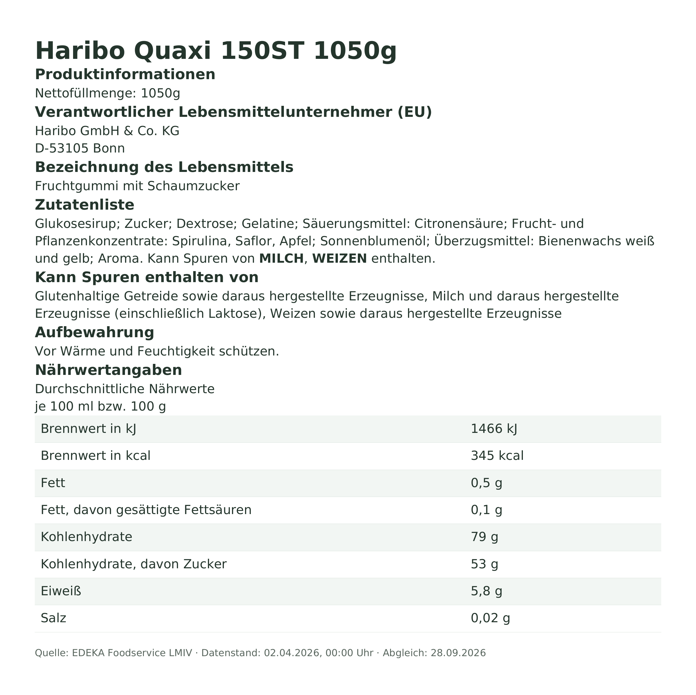 Produktinformationen – Haribo Quaxi 150ST 1050g