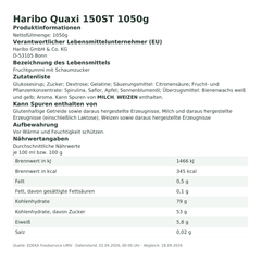 Produktinformationen – Haribo Quaxi 150ST 1050g