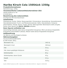Produktinformationen – Haribo Kirsch Cola 150Stück 1350g