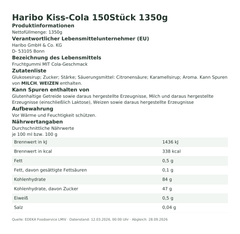 Produktinformationen – Haribo Kiss-Cola 150Stück 1350g