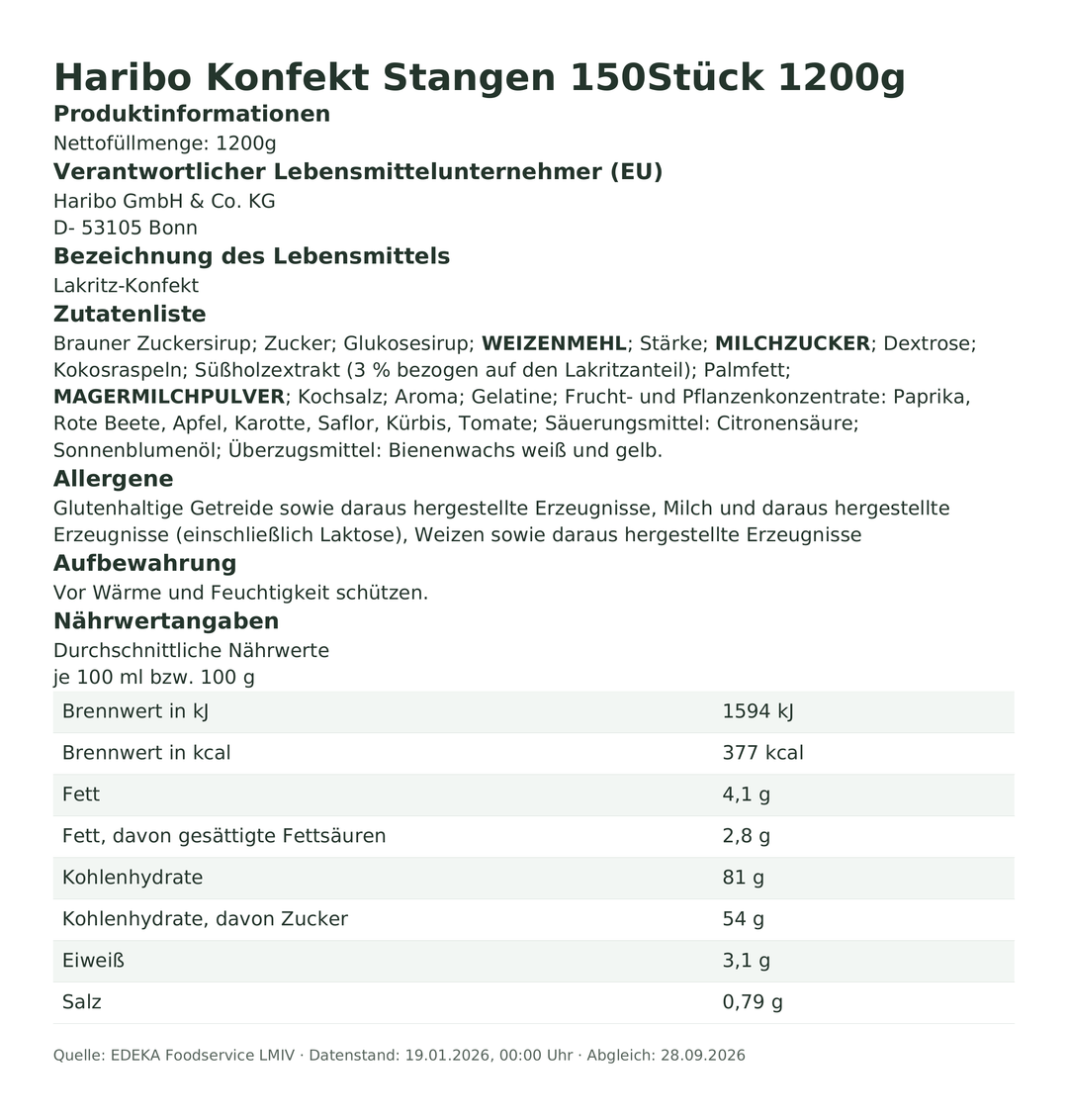 Produktinformationen zum Einzelprodukt – Haribo Konfekt Stangen 150Stück 1200g